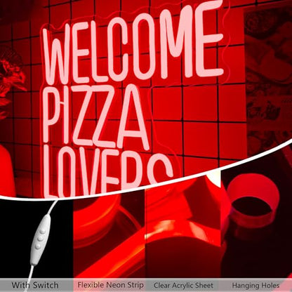 Welcome Pizza Lovers Neon Light, Red Dimmable LED Personalized Pizza Lovers Neon Sign, Family Restaurant Entertainment Room Food Theme Party Wall Neon Sign Decor Holiday Gift For Pizza Lovers, Children, Family (12.9*12.5in) - style: Pizza Lovers Red