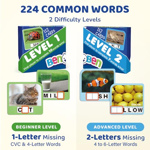 BenBen Spelling Games, 224 Flashcards, 208 Wood Letter Tiles, 1-4 Players, Learning Games for Kids 4-8, Educational Toys for Kindergarten 1st 2nd Grade, Preschool Classroom Must Haves - style: Spelling Game with 224 Flash Cards