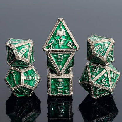 DND Metal Dice Set with Gift Box for D&D/MTG RPG Board Games(Green-Ranger) | Gothic Skull Theme, Skeletal Numerals, Runes Engraved on Edges, Nice Tactile Feel, Metallic Texture & Weight, Well-Balanced - color: Skull-green