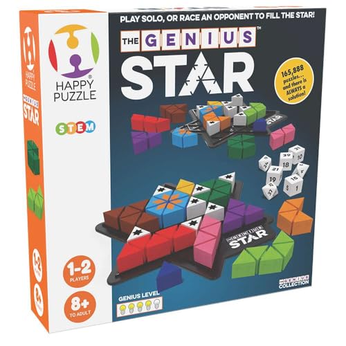 The Happy Puzzle Company The Genius Star | Toy of The Year Award Winning Family Board Game | 165,888 Possible Puzzles | Filling in Colored Shapes | Blockers to Complete A Star | Golden Star Twist