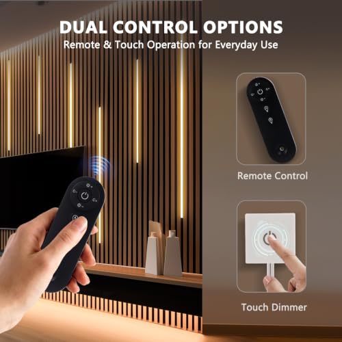 VST 16.4ft Silicone Recessed LED Strip for Wood Slat Wall Panels, 24V | 2700K-6500K Tunable White, CRI 90+ Dot-Free, RF Remote & Touch Control, Cut-to-Fit, Quick Connectors, Dual Mount - color: Touch Control