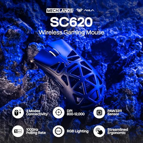 MechLands Aula SC620 Gaming Mouse, 2.4G/USB-C/BT Wireless Mouse with 400mAh Battery, Adjustable 12,000 DPI & 1000 Polling Rate, PAW3311 Sensor, RGB Lighting, Programmable Buttons, for Win/Mac (Black) - color: Black