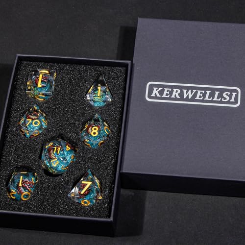 KERWELLSI Liquid Core Dragons Pattern Dice, Resin DND Dice Set with Gift Box, Blue and Gold Sharp Edged Dungeons D&D Dice, Role Playing Game Dice D20 D12 D10 D8 D6 D4 - color: Blue and Gold