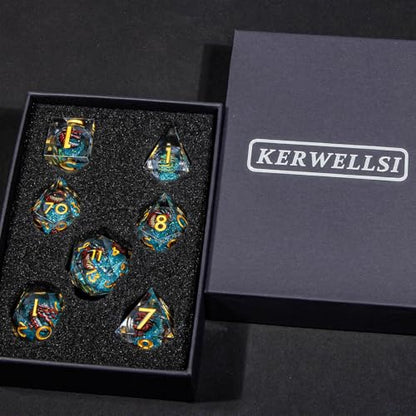 KERWELLSI Liquid Core Dragons Pattern Dice, Resin DND Dice Set with Gift Box, Blue and Gold Sharp Edged Dungeons D&D Dice, Role Playing Game Dice D20 D12 D10 D8 D6 D4 - color: Blue and Gold