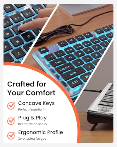 SEUNKWANG Wired Backlit Keyboard with Pudding Keycaps, Quiet Full Size Computer Keyboard Blue Backlight Easy-to-Read, Never Fade, Metal Panel, USB Cute Desk Setup for Windows PC Desktop, Black - color: Black-blue