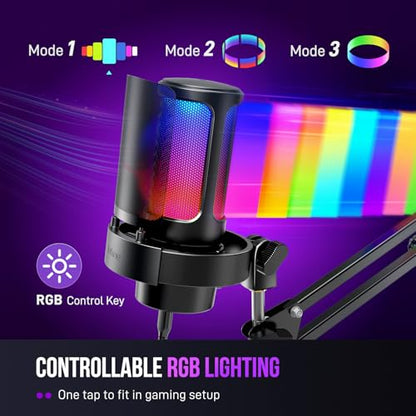 FIFINE AmpliGame A8T USB Gaming Microphone, PC Condenser Mic with Boom Arm | Quick Mute, Gain Knob, RGB Control, Headphone Jack, for PC/PS5 Streaming Discord Twitch Recording Podcasts YouTube, Metal - size: A8T-Boom Arm