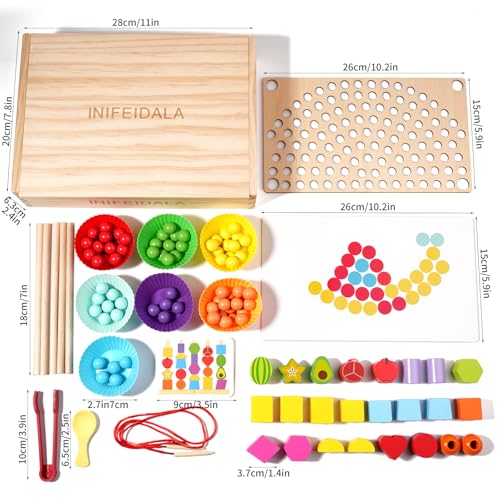 INIFEIDALA Montessori Toys for 3 4 5 Year Old,Gifts for Toddlers | Stacking Blocks, Lacing Beads & Shape Stacker, Wooden Beads Sequencing Toy Set, Fine Motor Skills & STEM Preschool Learning - style: Lacing Beads
