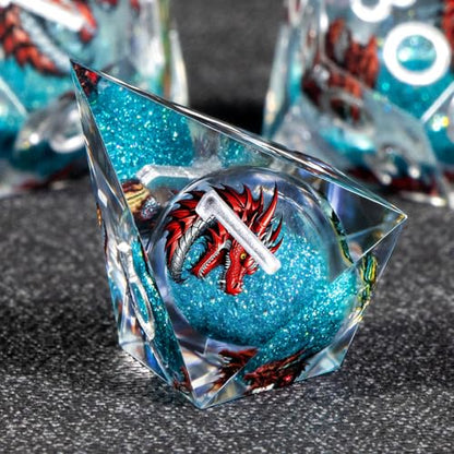 KERWELLSI Liquid Core Dragons Pattern Dice, Resin DND Dice Set with Gift Box, Blue Sharp Edged Dungeons D&D Dice, Role Playing Game Dice D20 D12 D10 D8 D6 D4 - color: Blue