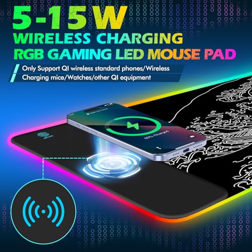 ToLuLu RGB Wireless Charging Gaming Mouse Pad, 7.5/10/15W 10 Light Modes LED Mouse Pad Computer Keyboard Mat Mousepad, 800x300x4MM Extended Large Desk Pad Mat, Japanese Kanagawa Sea Wave Black White - color: Japanese Kanagawa Sea Wave Black White