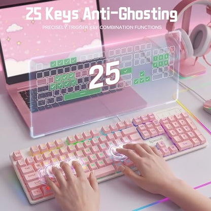 Redragon Updated S107WP Gaming Keyboard and Mouse, RGB Gaming Keyboard and 10000 DPI Mouse Combo with 25-Key Anti-Ghosting, 1K Hz Programmable Mice with Software, Plug & Play to PC, Laptop - Pink - color: Pink