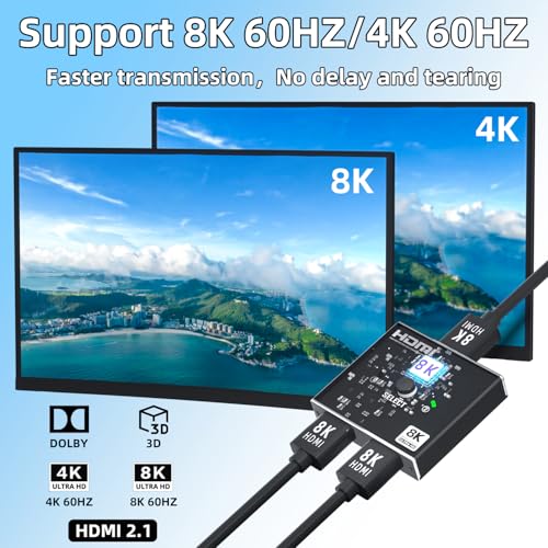 8K HDMI 2.1 Switch Bi-Directional - 2 in 1 Out Switcher/1 in 2 Splitter Supports 8K@60Hz & 4K@60Hz, 48Gbps, 4:4:4bit,UlrtaHD High Resolution Switch Between 2 Inputs or Toggle Displays