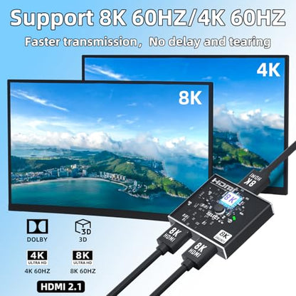 8K HDMI 2.1 Switch Bi-Directional - 2 in 1 Out Switcher/1 in 2 Splitter Supports 8K@60Hz & 4K@60Hz, 48Gbps, 4:4:4bit,UlrtaHD High Resolution Switch Between 2 Inputs or Toggle Displays