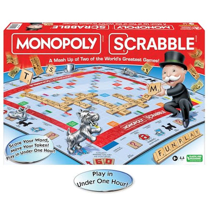 Monopoly Scrabble, Game Mash Up, by Winning Moves Games USA | Play in Under One Hour, Score Your Scrabble Word - Move Your Token, 2 to 4 Players, Ages 8+