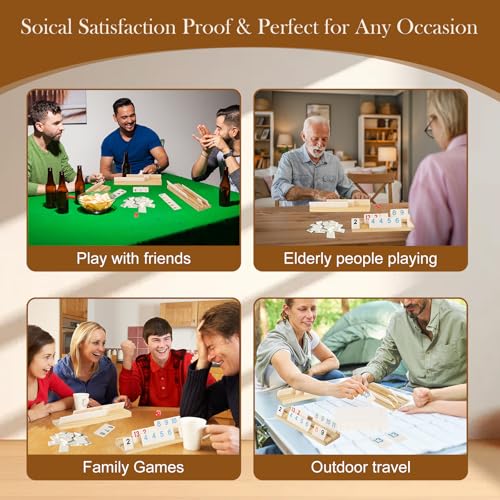 2-6 Players Rummy Game Gifts for Men Women Father Mother, Rummy Game W/ 6 Wooden Racks, 160 Melamine Tiles, Drawstring Bag, Portable Case, Family Board Games for Adults & Kids Age 8+