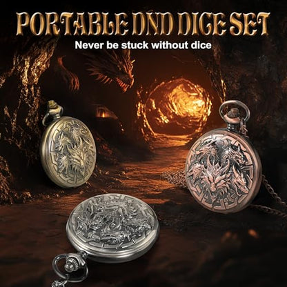 Kabinka DND Dice Set, 7pcs Mini Metal Dice with Pocket Watch Shell, Portable D&D with Necklace, Dungeons and Dragons Dice for RPG(Five-Headed Dragon, Ancient Silver) - color: Ancient Silver, style: Five-Headed Dragon