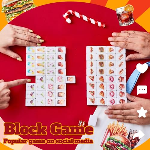 Hollowfly 2 Player Mahjong Block Set with Storage Bags 65 Tiles 30 mm Aesthetic Mahjong Push Tile Game with Food and Drink Pattern No DIY Required for Friend Family Game Night Party Gift - style: Food and Drink