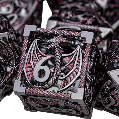 ARUOHHA Hollow DND Metal Dice Set Black Red Dragons D and D Dice, RPG Role Playing Games Dungeons Polyhedral Dice with Gift Box D20 D12 D10 D8 D6 D4 - color: Black Red