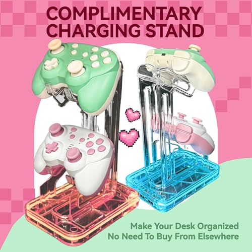 turbX Mini Mate Wireless Gaming Controller, Nintendo Switch Gamepad Joystick & Wired PC Windows Steam, Complimentary LED RBG Charging Stand w. Glowing Light, 6-Axis Gyro, 3D Joystick, Cute Pink - color: Pink