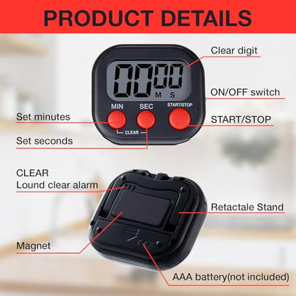 Leumoi 24 Pack Multi-Function Digital Timers with Magnetic Back, Large LCD Display, Loud Alarm, Count up & Countdown, Memory Function for Cooking, Classroom, Study, Exercise & Work(Black and Red) - color: Black and Red