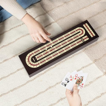 ESENHARBER Cribbage Board Game Set, Premium Wooden Board with Magnetic Lock and Metal Pegs, 2 Playing Cards, and Large Storage - Travel-Friendly Continuous 3 Track Board - style: Classic