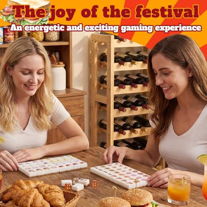 Hollowfly 2 Player Mahjong Block Set with Storage Bags 65 Tiles 30 mm Aesthetic Mahjong Push Tile Game with Food and Drink Pattern No DIY Required for Friend Family Game Night Party Gift - style: Food and Drink