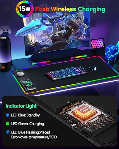Wireless Charging Mouse Pad with Phone Stand, 31.5"x15.8" Large | Gaming Mousepad RGB Desk Mat, Smooth Glide, Stitched Edge, Non-Slip Rubber Base, Waterproof Keyboard Mat, No Adatper - color: RGB-Stand
