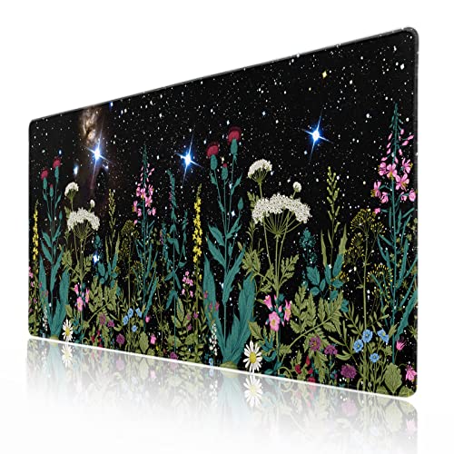 Black Aesthetic Wildflower Large Mouse Pad XXL Space Galaxy Weeds Herb Cute Floral Extended Large Desk Mat Big Desk Pad 90X40 CM Non-Slip Rubber Base Stitched Edge Long Mousepad,35.4 x 15.7 Inch - color: Blackherb, size: 35.4 x 15.7 inches