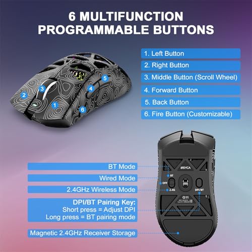 G11 Lightweight Wireless Gaming Mouse for FPS & Competitive Gaming, Tri-Mode Bluetooth 5.1/2.4GHz/USB-C, 22000 DPI RGB Mouse with Programmable Buttons for PC, Laptop & Mac - color: Line Black