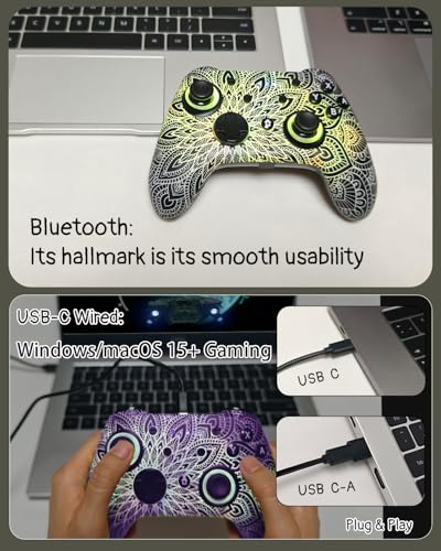 WZUICOV RGB Multi-Platform Game Controller for Switch, Phone, Tablet, PC, TV Box & Tesla - Bluetooth & Wired USB-C, with C-A Adapter, Phone Holder + Extra 25mm Cable - color: Geometric Space