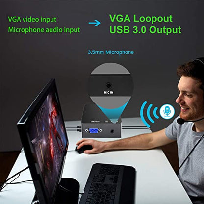 VGA Capture Card, VGA to USB Capture Device with VGA Loopout, Mic Input Support HD 720P Video for Gaming, Streaming, Teaching, Video Conference, Live Broadcasting - color: Grey
