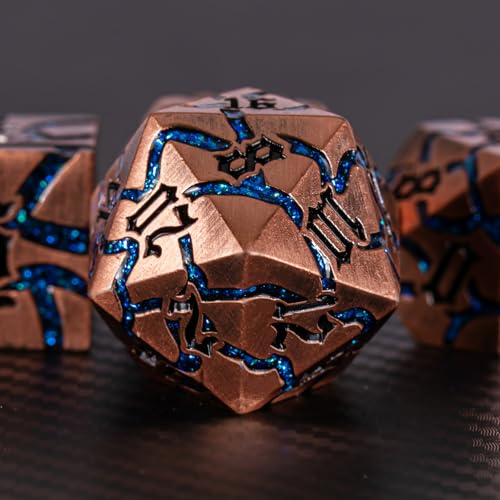 Cracked Rune Metal Dice Set for DND & RPG – Dark Fantasy Fractured Design, Premium Heavy Metal Polyhedral Dice with Deep Engraved Numbers, 7-Piece Set – Blue Arcane Vein - color: Antique Copper Bright Blue