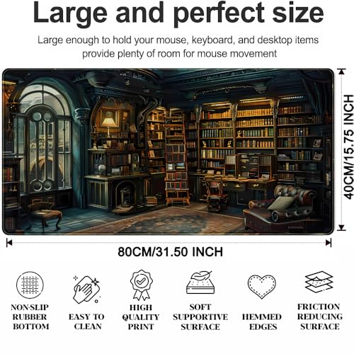 Dark Gothic Desk Mat Gaming Desk Pad Large Mouse Pad, Magician'S Fantasy Bookcase Gothic Mouse Mat XXL Laptop Keyboard Pad, Laptop Keyboard and Mouse Mat Desktop Protector Mat 31.5 X 15.7 in - color: Dark Gothic