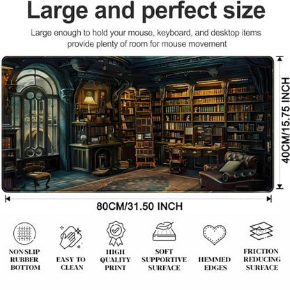 Dark Gothic Desk Mat Gaming Desk Pad Large Mouse Pad, Magician'S Fantasy Bookcase Gothic Mouse Mat XXL Laptop Keyboard Pad, Laptop Keyboard and Mouse Mat Desktop Protector Mat 31.5 X 15.7 in - color: Dark Gothic