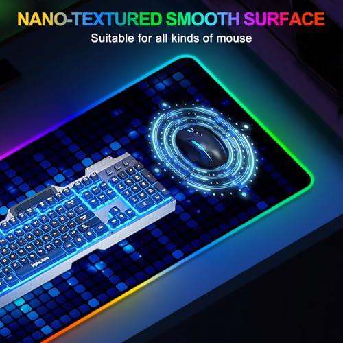 ARTSO Blue RGB Gaming Mouse Pad, XXL Mousepad Non-Slip Rubber Base, Cool Computer Desk Pad Keyboard Mat LED Glowing Square Extended Mouse Pad for Gamer - color: Blue Glowing Square
