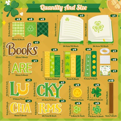 TICIAGA St.Patrick’s Day Book Learning Bulletin Board - 66Pcs Book are Lucky Charms Shamrock Bookshelf Cutout Border with Book Flag Banner for Irish School Library Classroom Chalkboard Wall Decoration - style: St Patricks Da