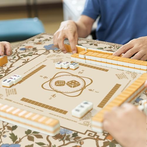 Oudain Chinoiserie Mahjong Tablecloth Florals Card Table Cloth 55x 55 Inch Square Tablecloth Game Table Cover with Game Rules for Mahjong Beginners, Card, Board Tile Games (Beige) - color: Beige
