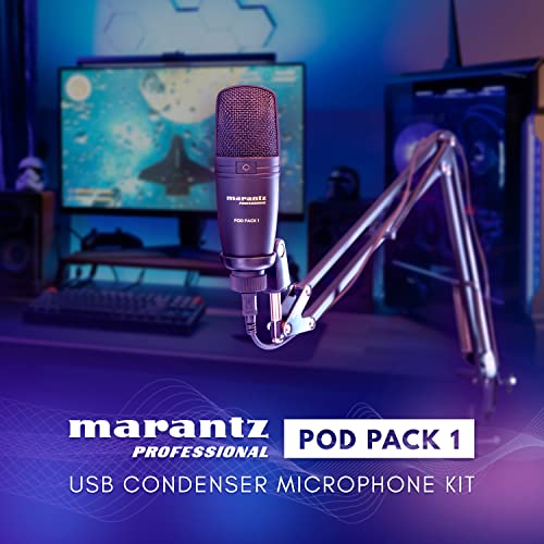 Marantz Professional Pod Pack 1 USB Condenser Microphone Kit for Gaming, Streaming and Podcasting with Built-In Audio Interface, Adjustable Boom Arm and Desk Clamp, Plug-and-Play - style: USB Mic w/ Boom Arm
