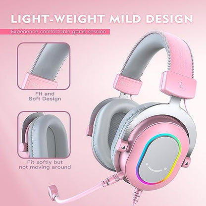 FIFINE H6P Wired Gaming Headset with Noise Canceling Mic for PC,PS4/5 | Large 50mm Drivers, 7.1 Surround Sound, Solid Metal Frame, 3 EQ Modes, Vibrant RGB, USB In-line Control, for gamer/streamers - color: Pink