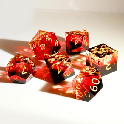 Haxtec Volcano Landscape DND Dice Set Sharp Edge Resin Polyhedral Dice, Lava &D Dice with Metal Case, Handmade Gold Flake Inside Dice Set for Dungeons and Dragons TTRPG, Red Black Gold DND Gift - color: Black Red