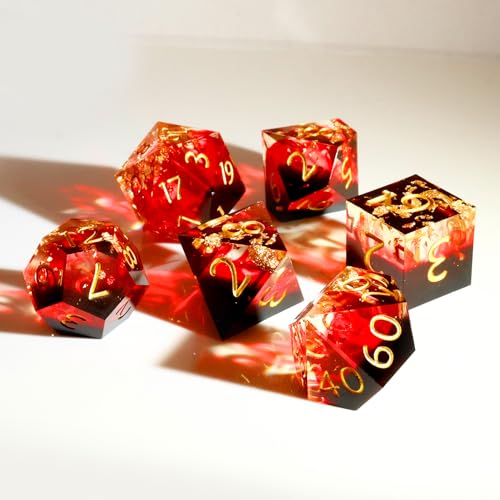 Haxtec Volcano Landscape DND Dice Set Sharp Edge Resin Polyhedral Dice, Lava &D Dice with Metal Case, Handmade Gold Flake Inside Dice Set for Dungeons and Dragons TTRPG, Red Black Gold DND Gift - color: Black Red