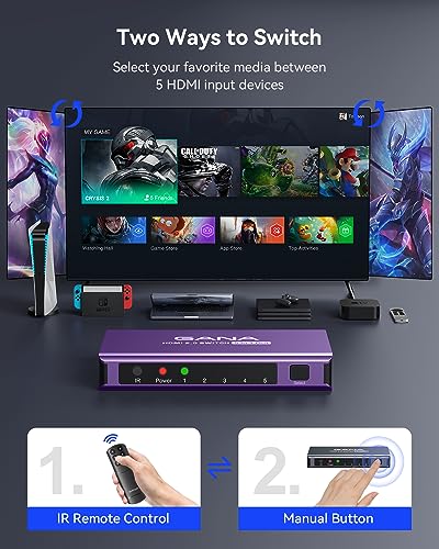 HDMI Switch 5 in 1 Out 4K@60Hz, GANA HDMI Splitter Switcher with Remote, Aluminum HDMI 2.0 Switch Box Hub for 3D, HDCP2.2, HDR, Compatible with Xbox, PS5/4/3,Fire Stick,Roku,Blu-Ray Player, Purple - color: Purple