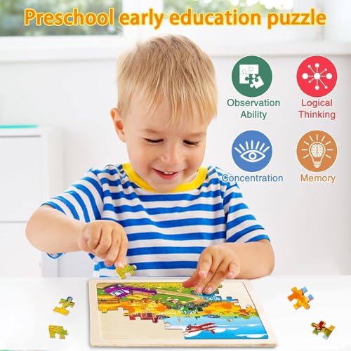 Wooden Puzzles for Toddlers 3-5,6 in 1 Jigsaw Wooden Solar System Puzzles for Ages 4-6,Preschool Educational Brain Toys Gifts for Boys and Girls 2 4 3 5 Year Old（Vehicle） - style: Vehicle