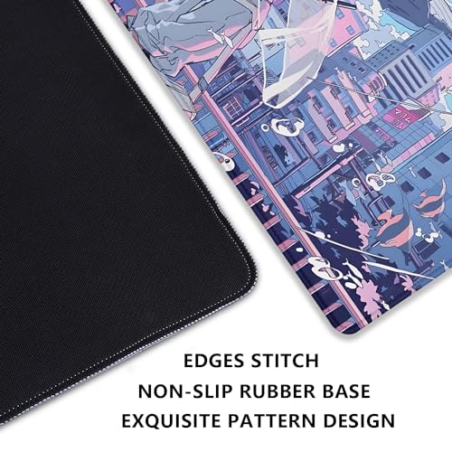 Japanese Fantasy City Boy Mouse Pad Desk Pad,Cute Kawaii Anime Mousepad,Large Extended Gaming Mouse Mat with Stitched Edges Non-Slip Waterproof Rubber Base Mous Mat for Desk Pad(27.5X11.8 in) - color: Japanese Animation