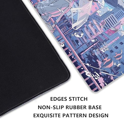 Japanese Fantasy City Boy Mouse Pad Desk Pad,Cute Kawaii Anime Mousepad,Large Extended Gaming Mouse Mat with Stitched Edges Non-Slip Waterproof Rubber Base Mous Mat for Desk Pad(27.5X11.8 in) - color: Japanese Animation