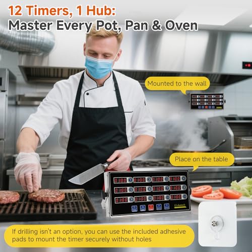 Commercial Kitchen Timer for Cooking, 12 Channel Timer Restaurant Kitchen Supplies, Heavy-Duty Timer - Stainless Steel | Digital LED Technology | Reminder Function | Loud Alarm - size: 12 channel
