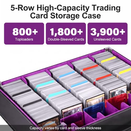 5-Row TCG Card Storage Box, 3900+ Unsleeved Cards, Black | 800+ toploader capacity with 5 acrylic holders, 10 writable tabs and fold-out play mat for MTG TCG collectors
