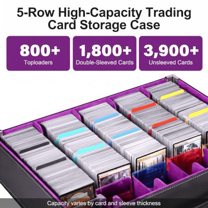 5-Row TCG Card Storage Box, 3900+ Unsleeved Cards, Black | 800+ toploader capacity with 5 acrylic holders, 10 writable tabs and fold-out play mat for MTG TCG collectors