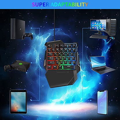 Half Hand Gaming Keyboard and Mouse Combo Laelr 35 Keys PUBG Wired Mechanical RGB Backlit Keyboard with Wrist Rest Wired Gaming Mouse Converter for Android iOS Phone Game Not Support iOS 13.4 & Above