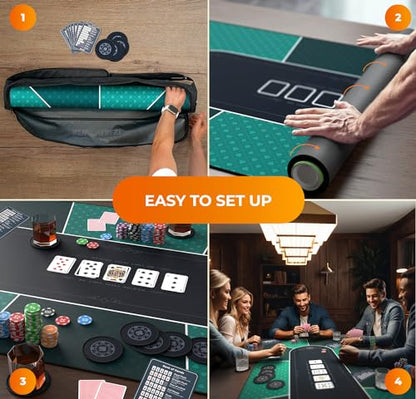 Newverest Poker Table Top 70" x 35", Texas Hold'em Poker Mat for Home Game Nights Up to 10 Players, Blackjack, Casino | Poker Topper for Tables in Zipper Storage Bag with 8 Coasters in Gift-Ready Box - color: Green With Black Edges