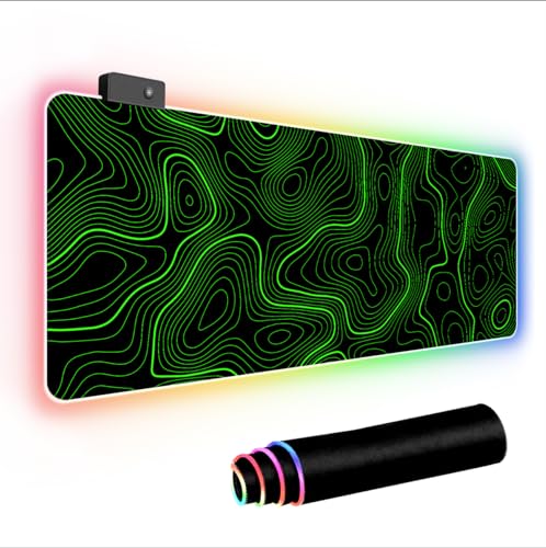 RGB Mouse Pad LED Desk Mat Large Gaming Mousepad Black and Green Line Design, Keyboard Pad XL Mouse Mat for Home and Office - color: Black With Green Topographic Line